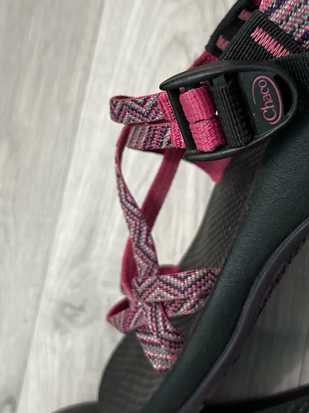 Chaco Girls Pink Patterned Strap Sandals on Black Footbed
